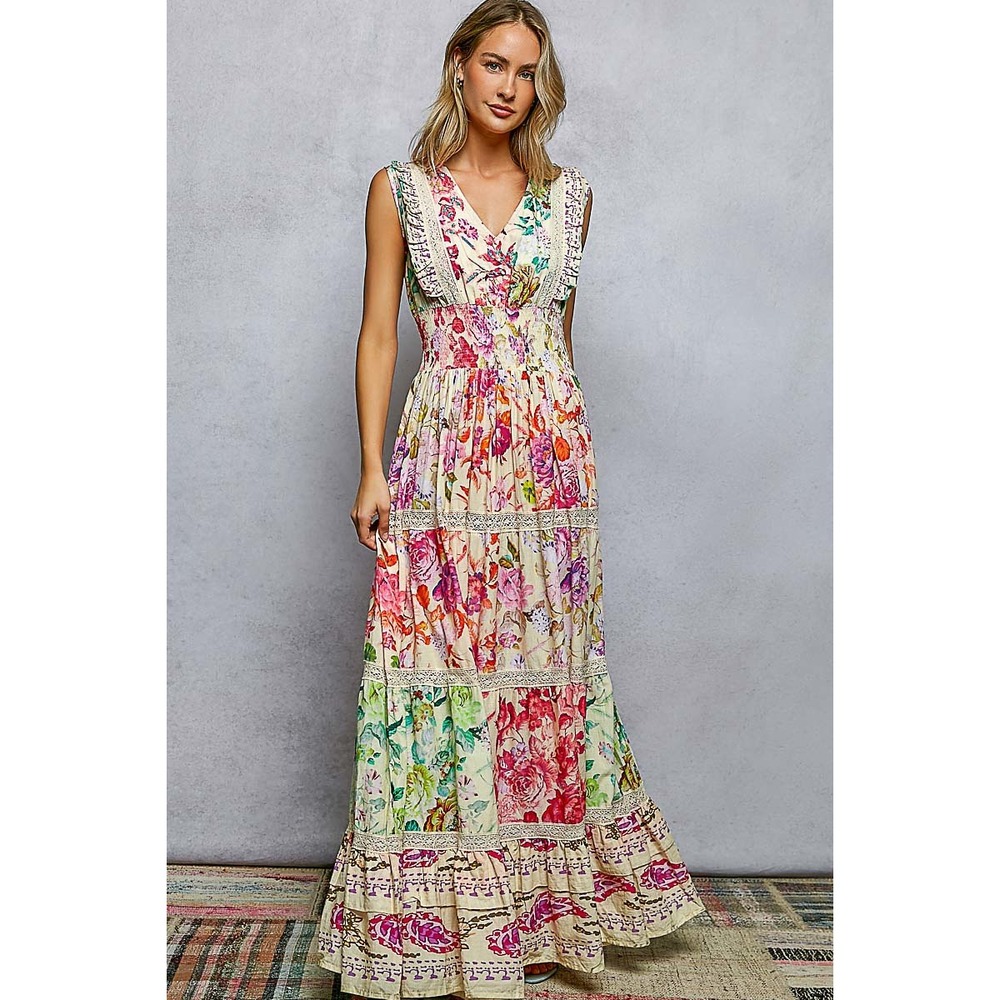 POL Womens Floral Smocked Waist Cotton‎ Maxi Dress V-Neck Sleeveless Boho Pink L